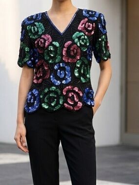 Vintage Stenay Sequin Flowers beaded black silk Blouse Pink Blue Top Women’s S